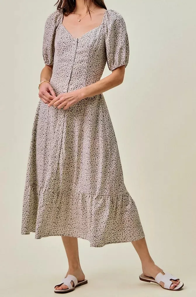 Ditsy Floral Self Belt On Elastic Waist Maxi Dress