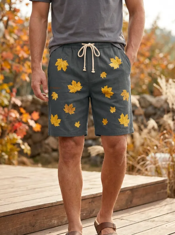 Maple Leaf Print Drawstring Aesthetic Shorts