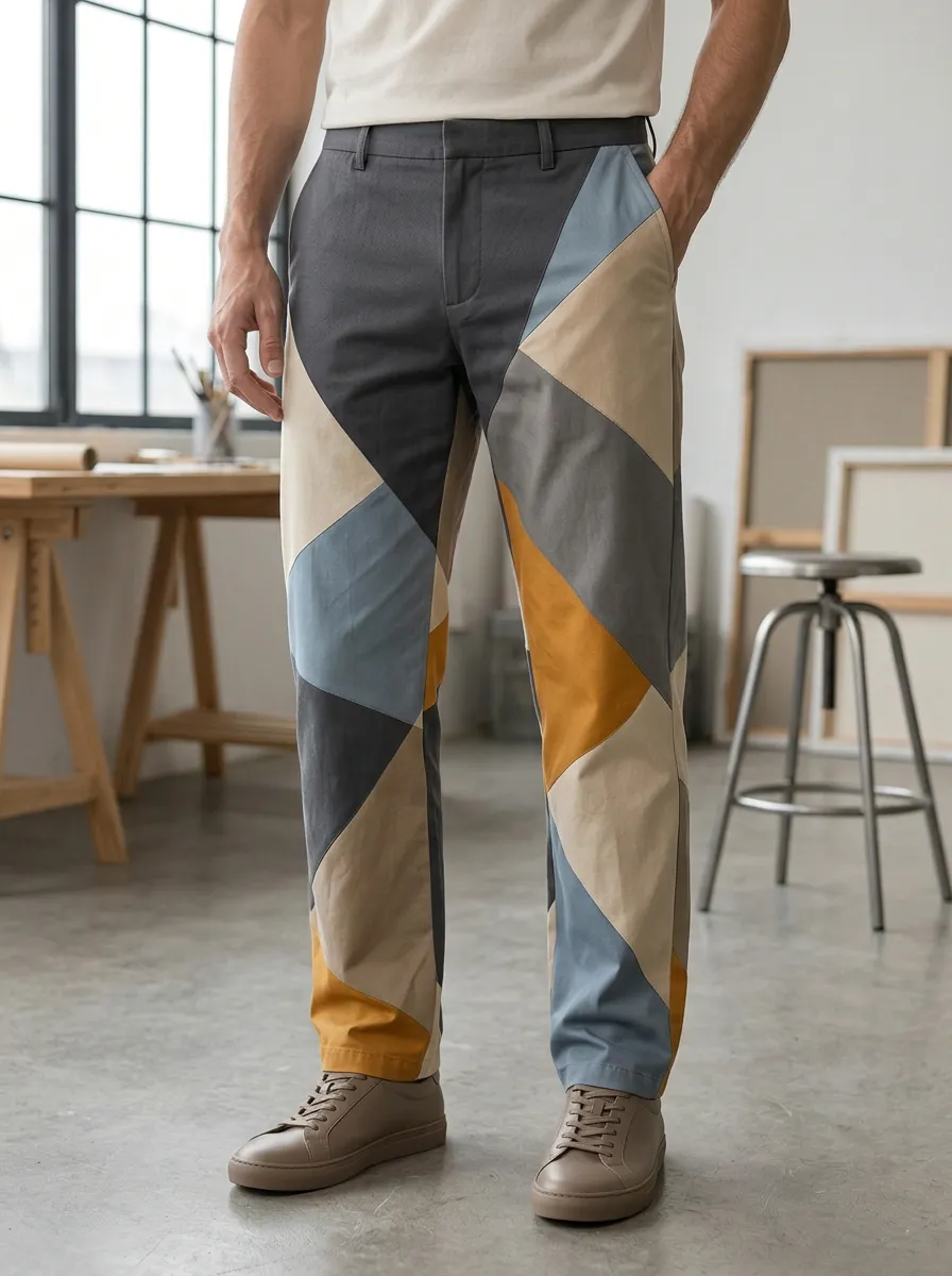 Men's Paneled Geometric Patchwork Trousers