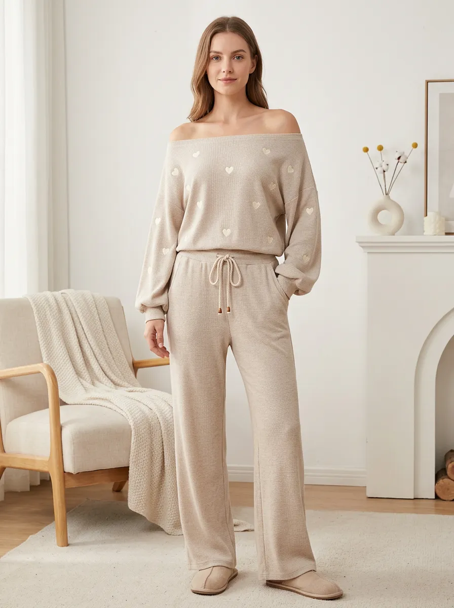 Women's Romantic Heart Pattern Printed Waffle Knit Loungewear Set