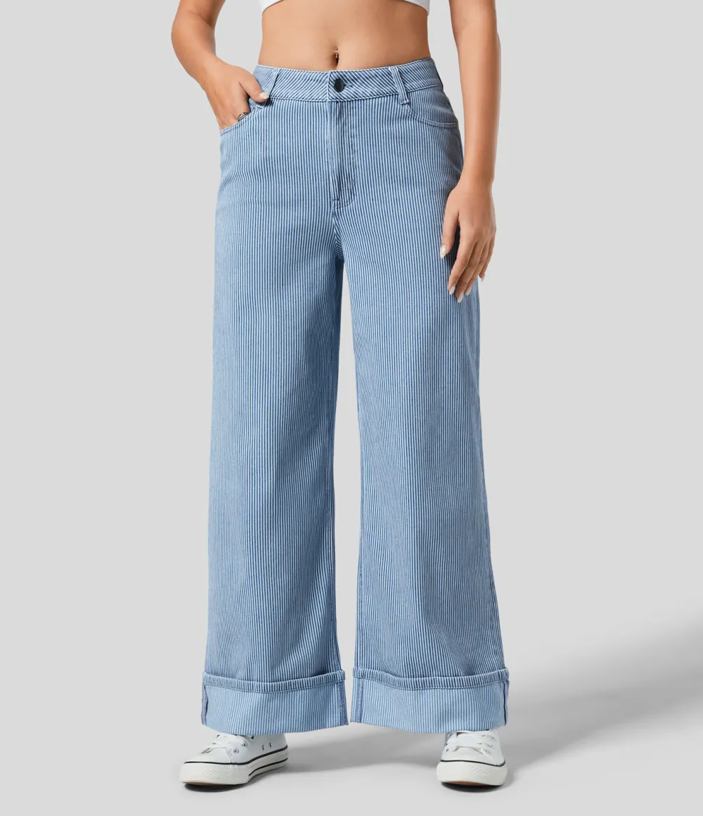 Magic Mid Rise Multiple Pockets Rolled Hem Striped Washed Stretchy Knit Casual Wide Leg Jeans