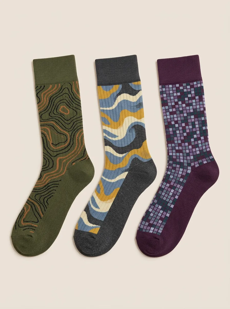 Men's Topographic Lines Grid Pattern Patterned Sock Trio