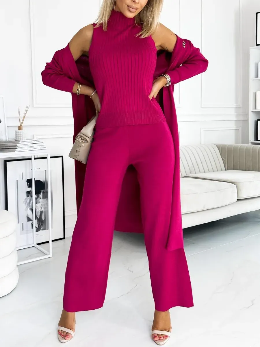 Women's Solid Color Cardigan 3 pieces Tank and Trousers