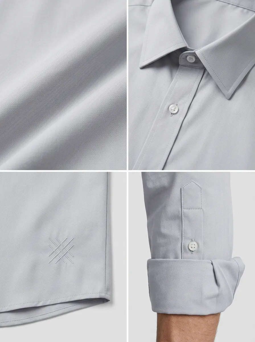 Men's Non-Iron Cotton Solid Grey Minimalist Embroidered Dress Shirt
