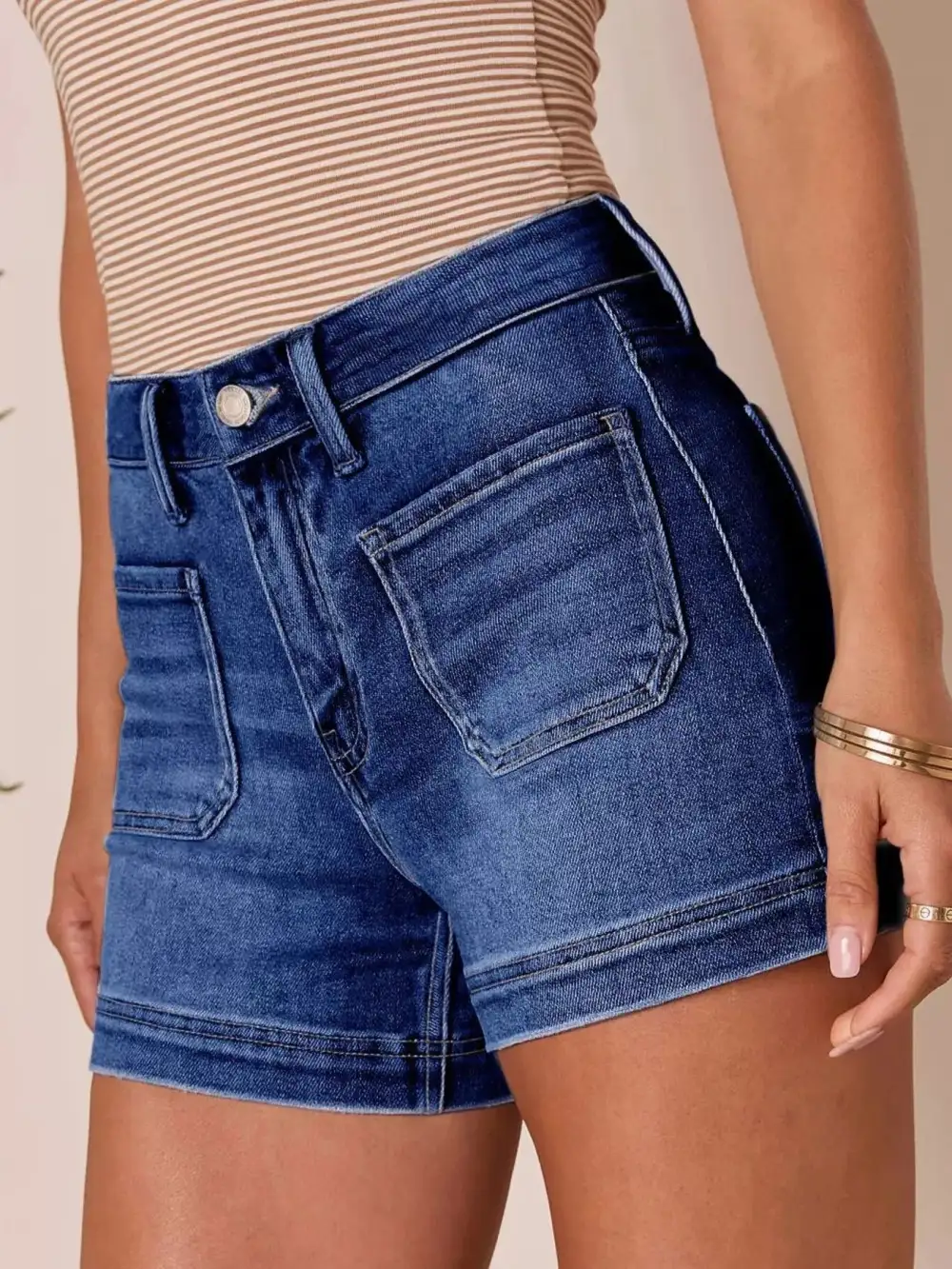 High-Waist Pocketed Cotton Denim Shorts
