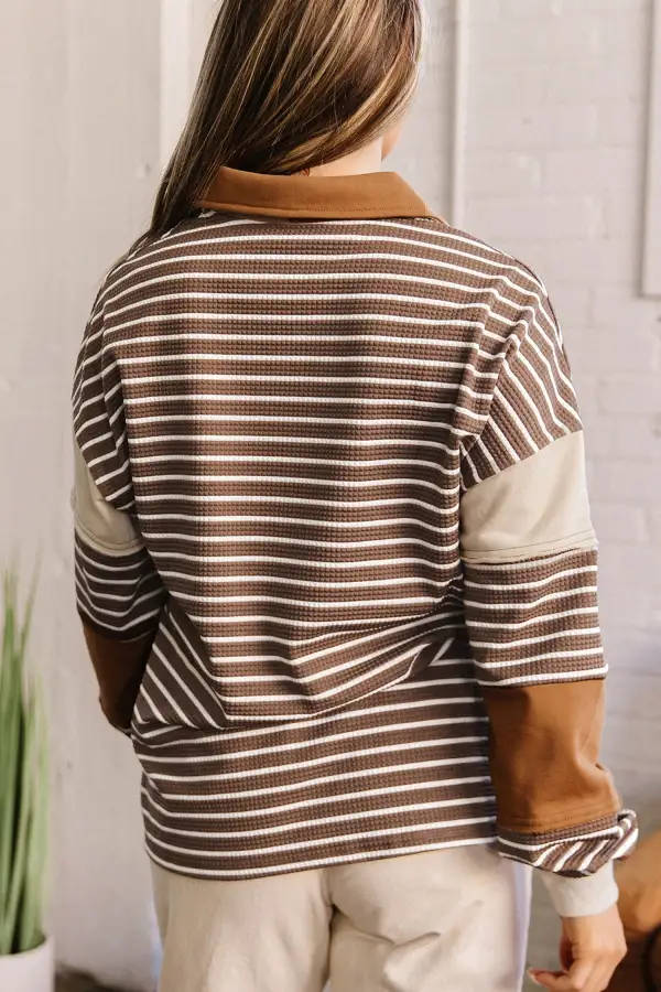 Striped V Neck Split Hem Viscose Blend Long Sleeve Top
