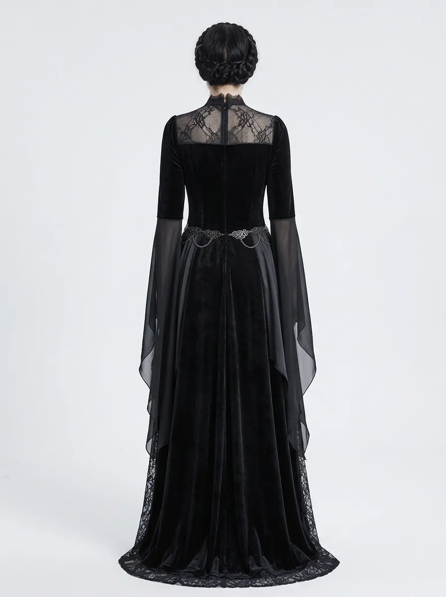 Dark Romantic Rose Floral Velvet Finish Women's Gothic Dress