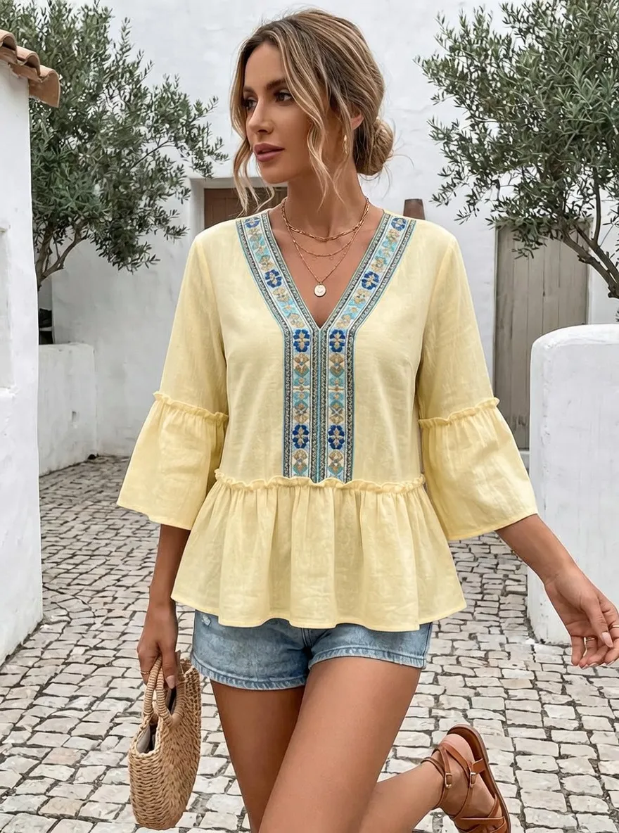 Boho Floral Embroidery Printed Peplum Top