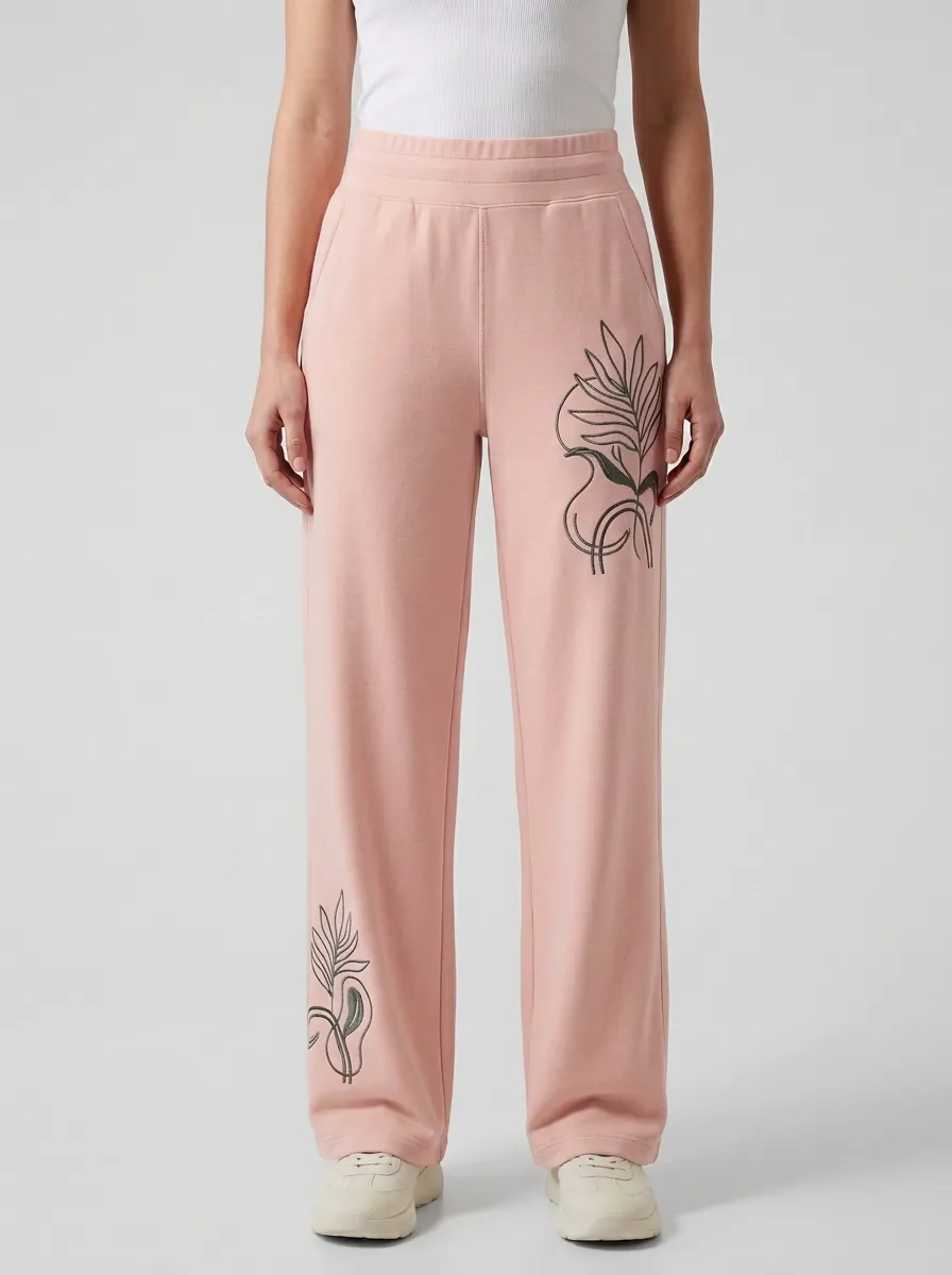 Women's Beige Botanical Print Wide-Leg Sweatpants