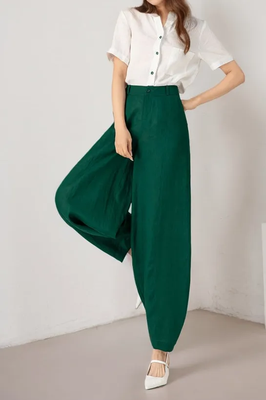 Classic Linen Cotton Wide Leg Tapered High Waist Pocketed Trousers