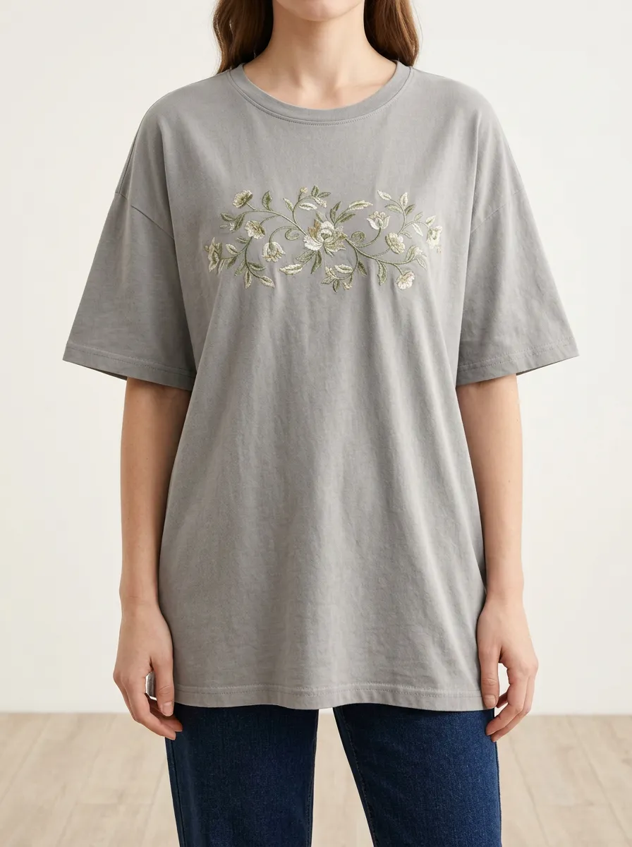 Everyday Floral Print Embroidered Detail Women's Everyday Short Sleeve T Shirt