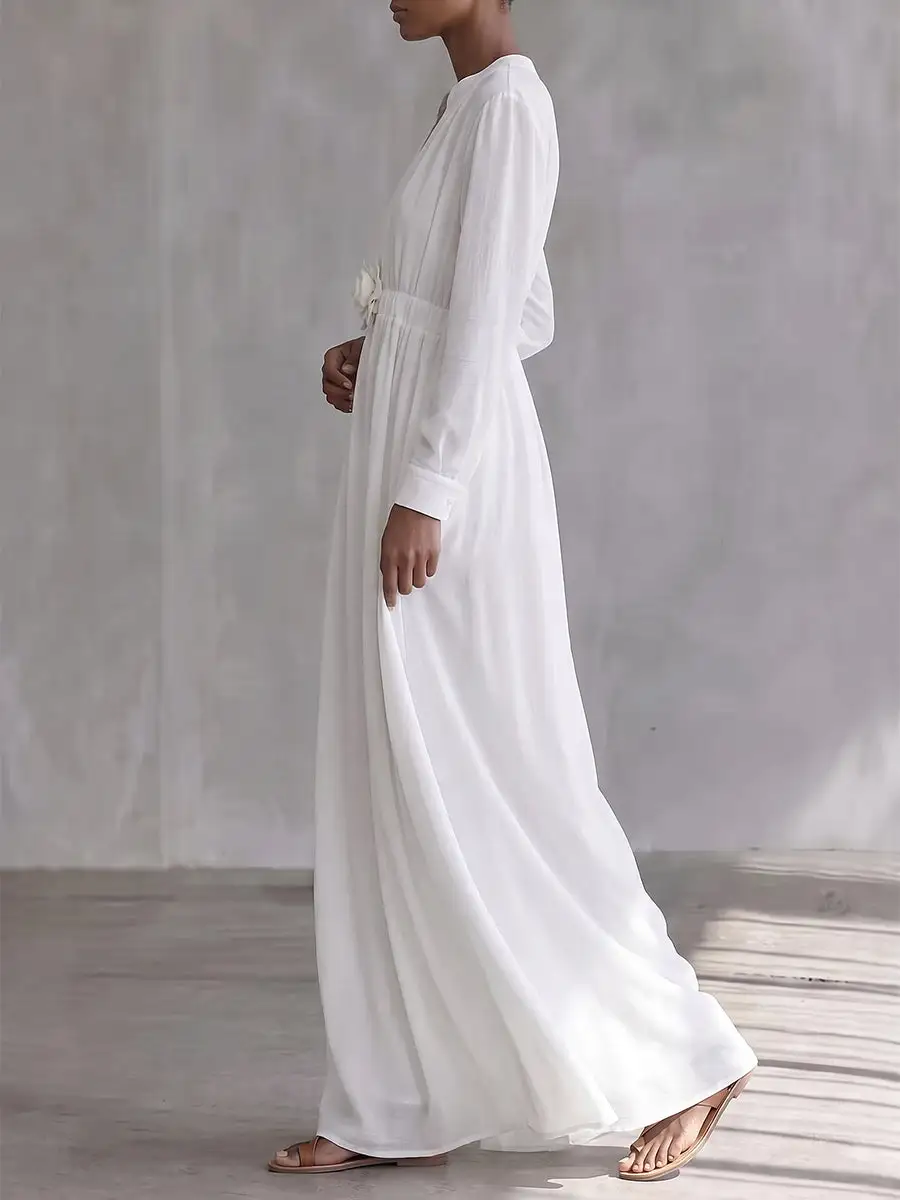 Pockets Pleated Long Neck Maxi Dress