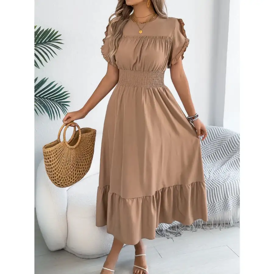 Smocked Frill Round Neck Midi Dress