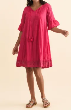 Above-Knee Cotton Pleated V-Neck A-Line Half-Sleeve Relaxed Tunic Dress