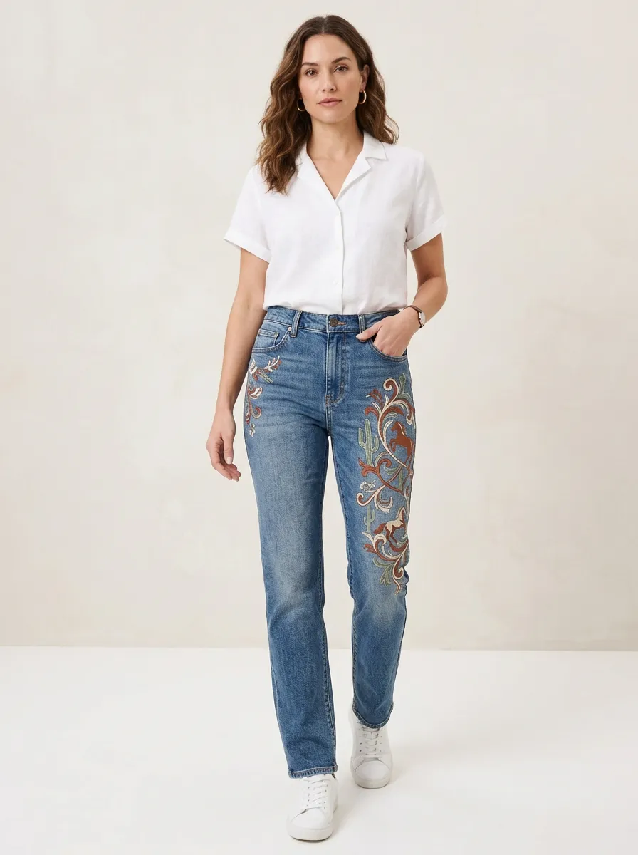 Women's Medium Wash Embroidered Straight-Leg Straight Leg Jeans