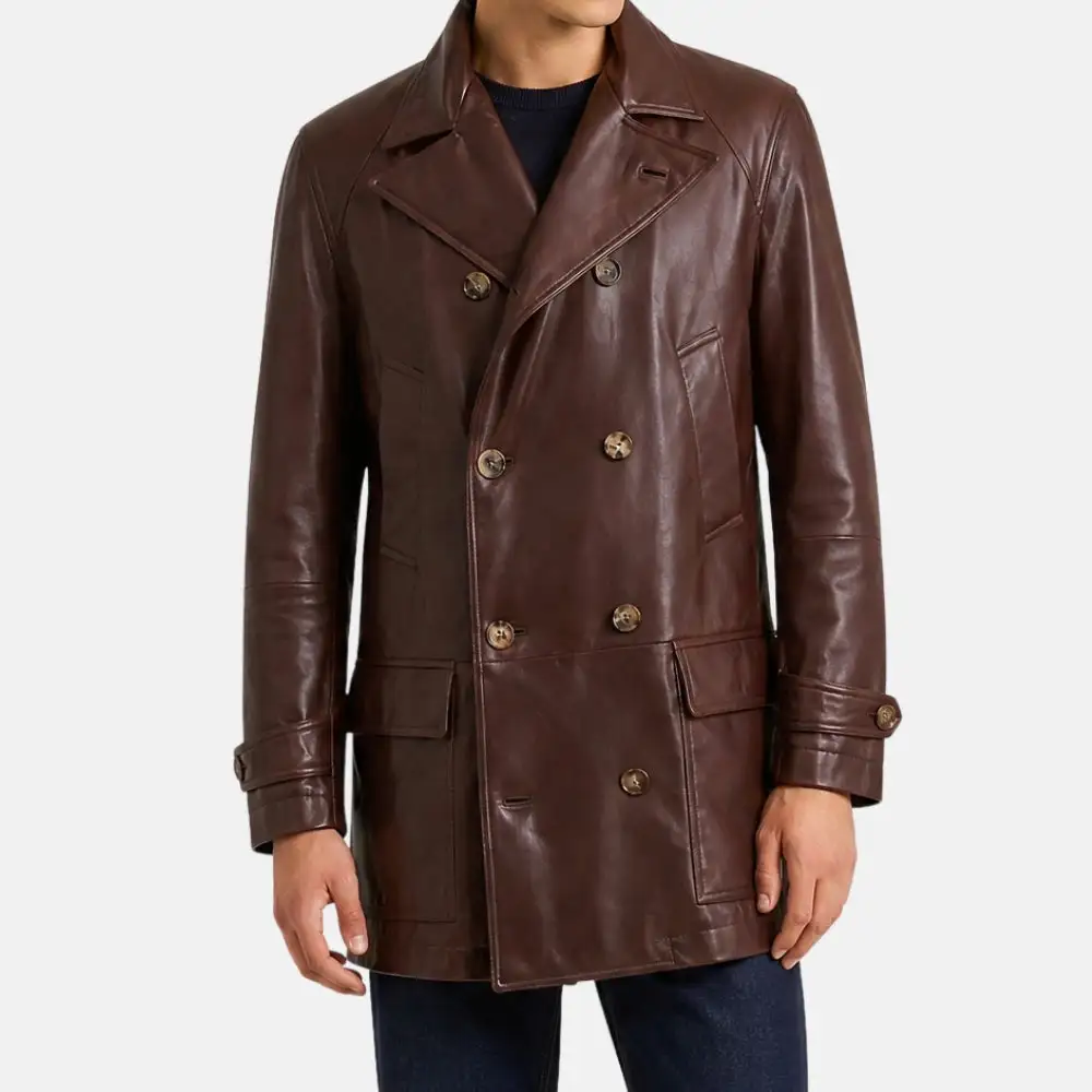 Double Breasted Leather Pea Coat