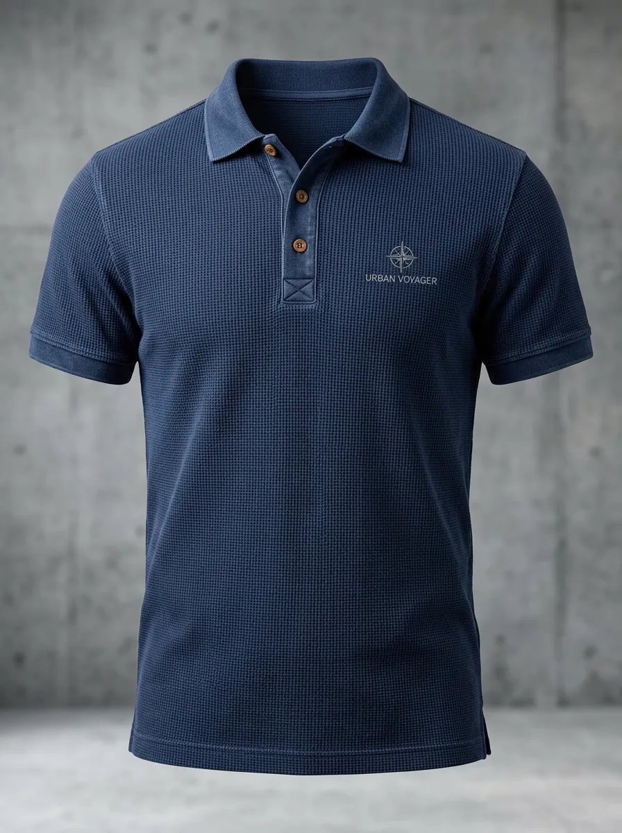 Waffle-Knit Compass-Detail -Detail Men's Polo Shirt