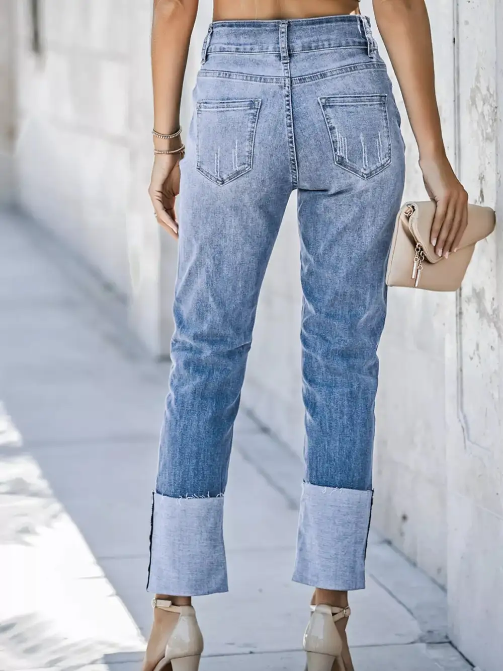 Washed High Waist Straight Leg Distressed Denim Jeans