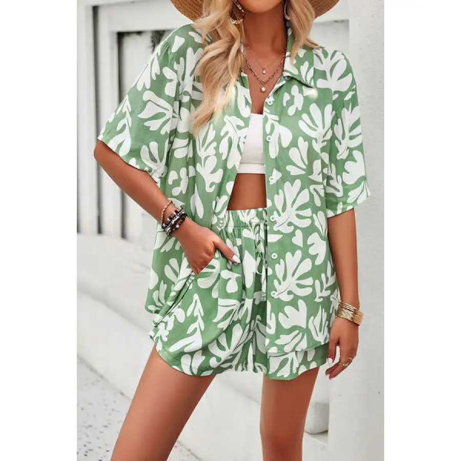 Vacation Printed Button Up Shirt and Shorts Set