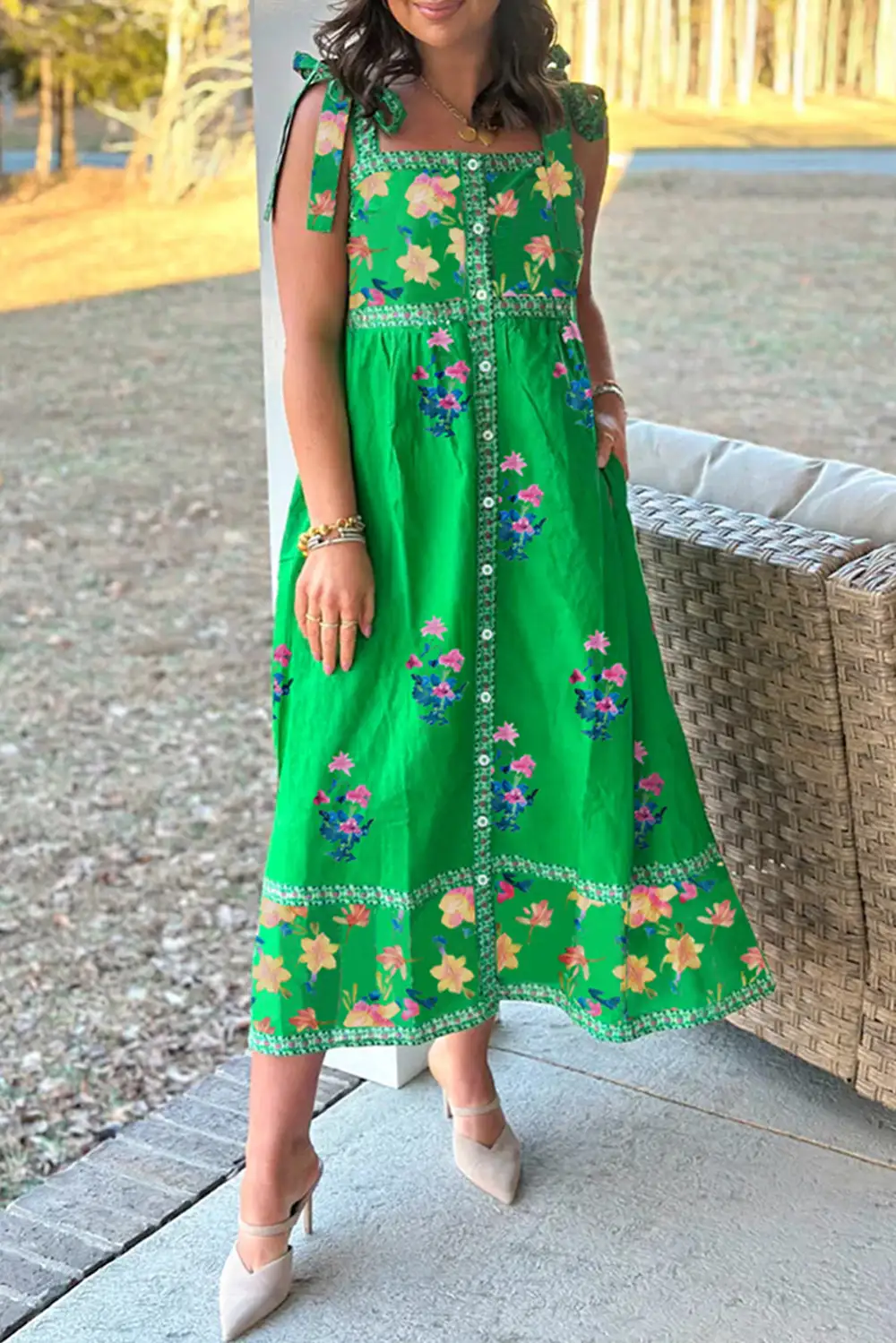 Print Contrast Trim Knotted Straps Midi Dress