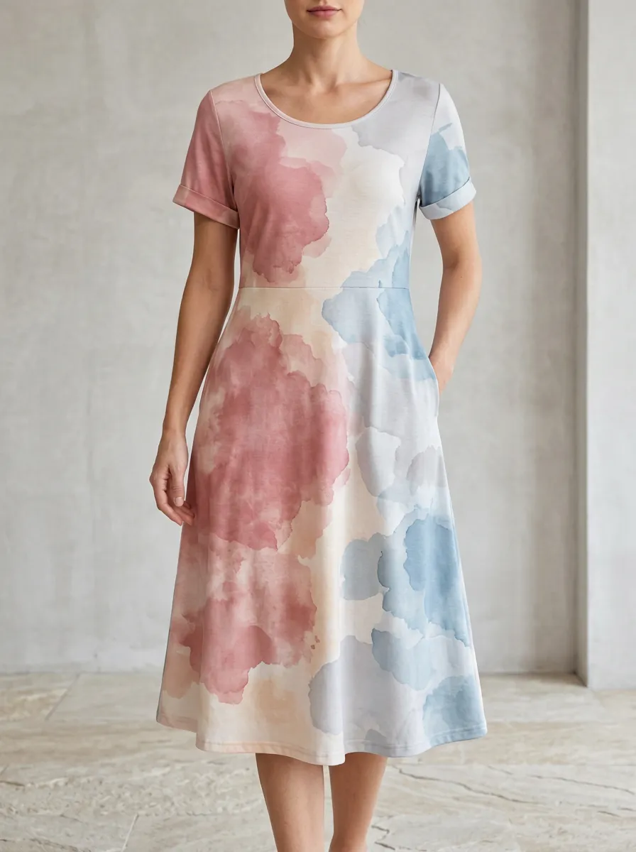 Women's Abstract Watercolor Pink Blue Printed Dress
