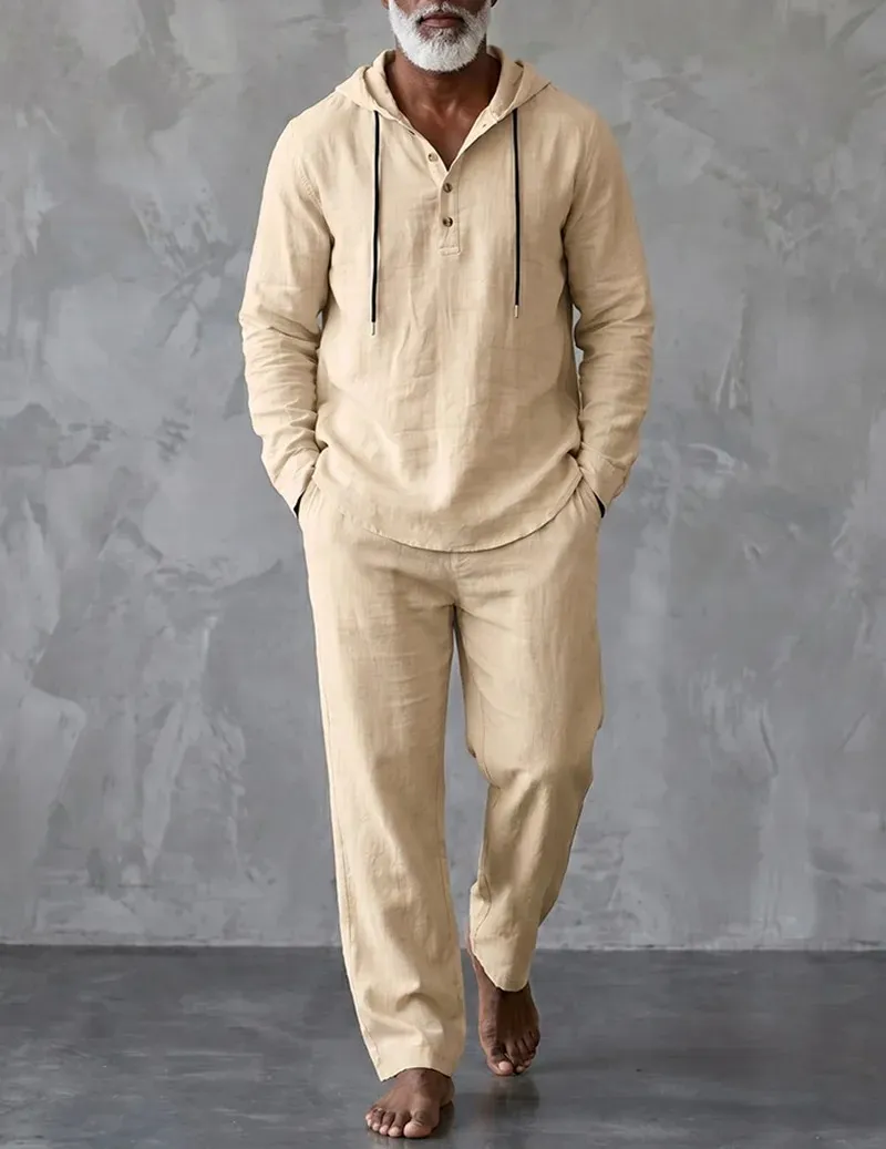 Men's Linen Cotton Hoodie Two Piece Sets