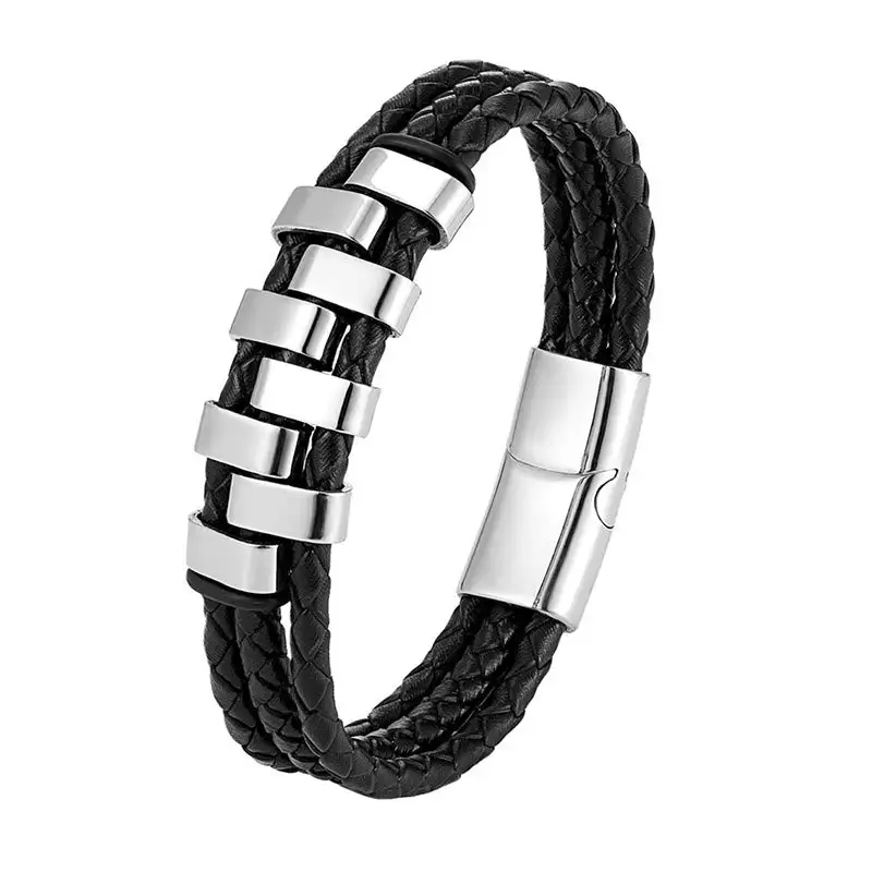 Geometric Design Titanium Steel Leather Bracelet