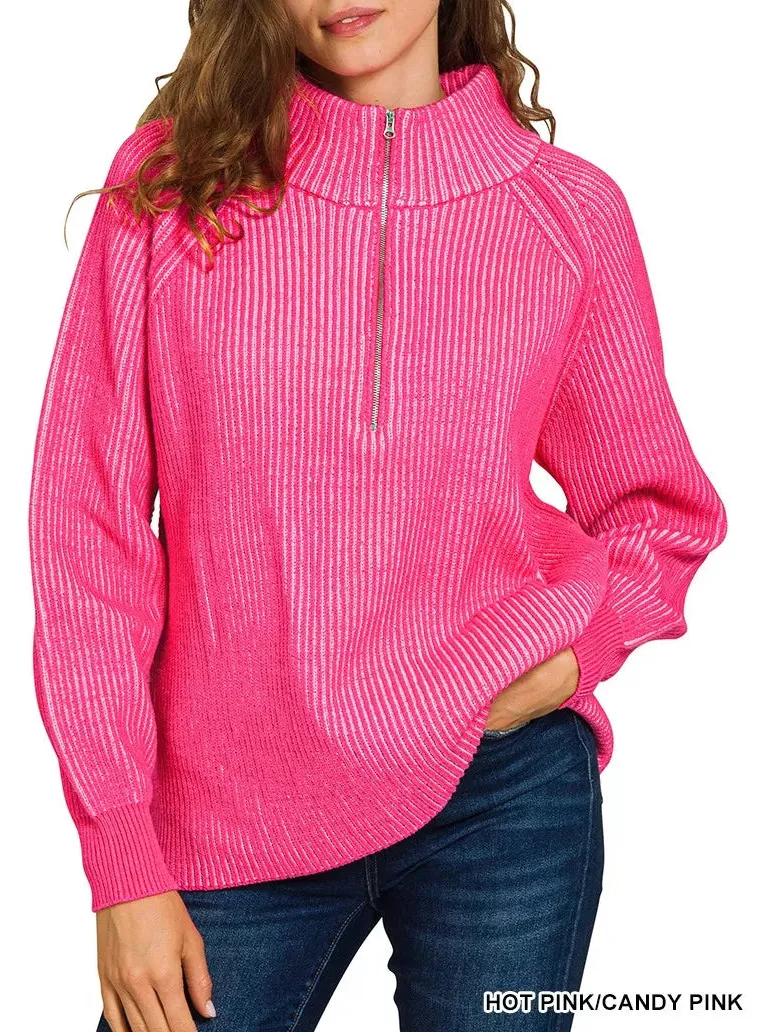 Half-Zip Ribbed Two Tone Sweater