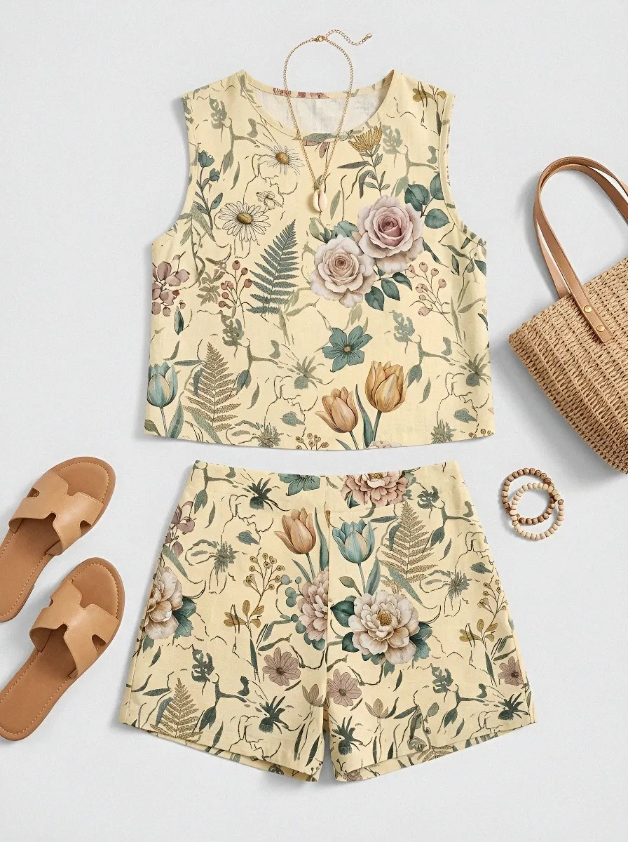 Women's Vintage Floral Botanical Printed Sleeveless Shorts Set