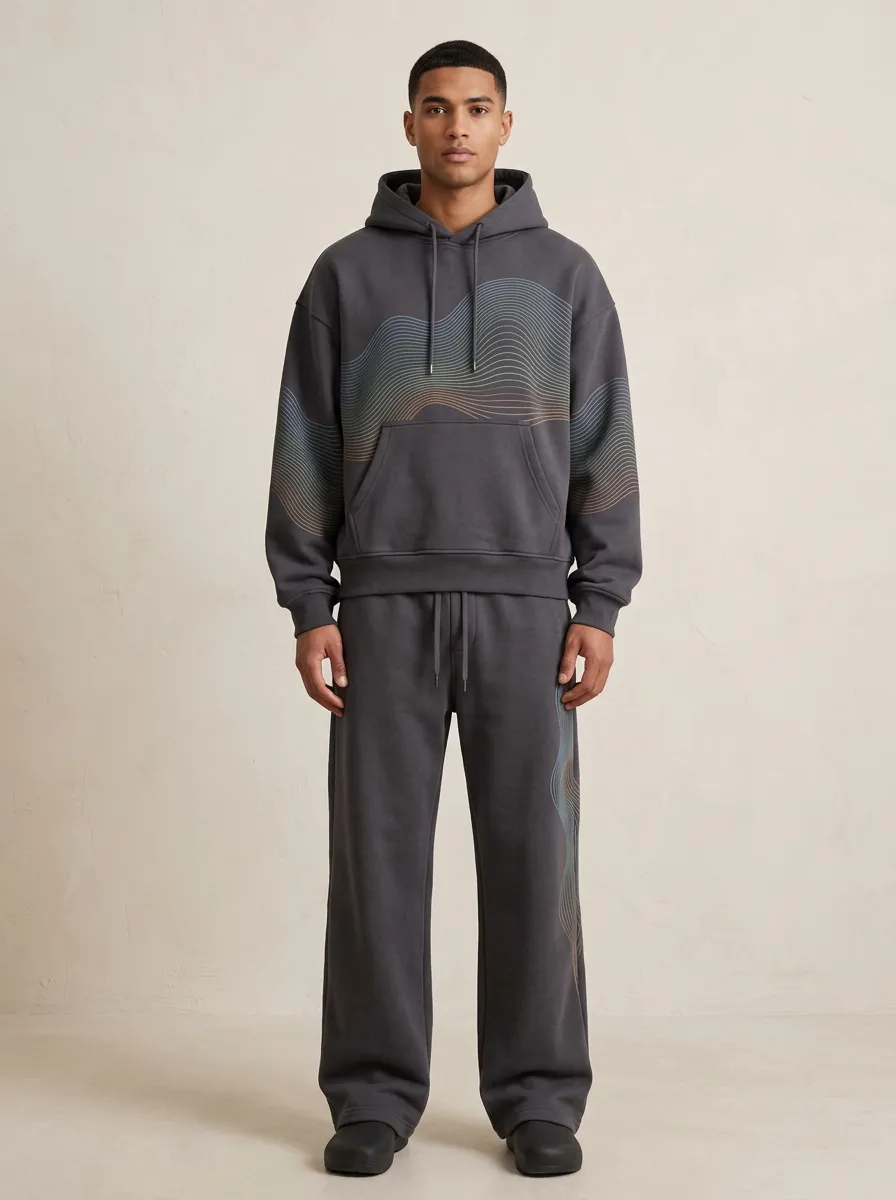 Men's Abstract Wave Pattern Printed Hooded Tracksuit