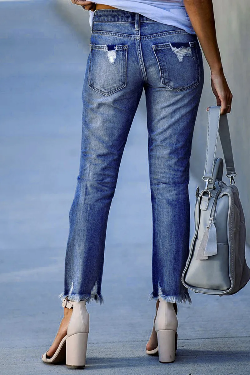 Distressed Raw Hem Straight Leg Jeans