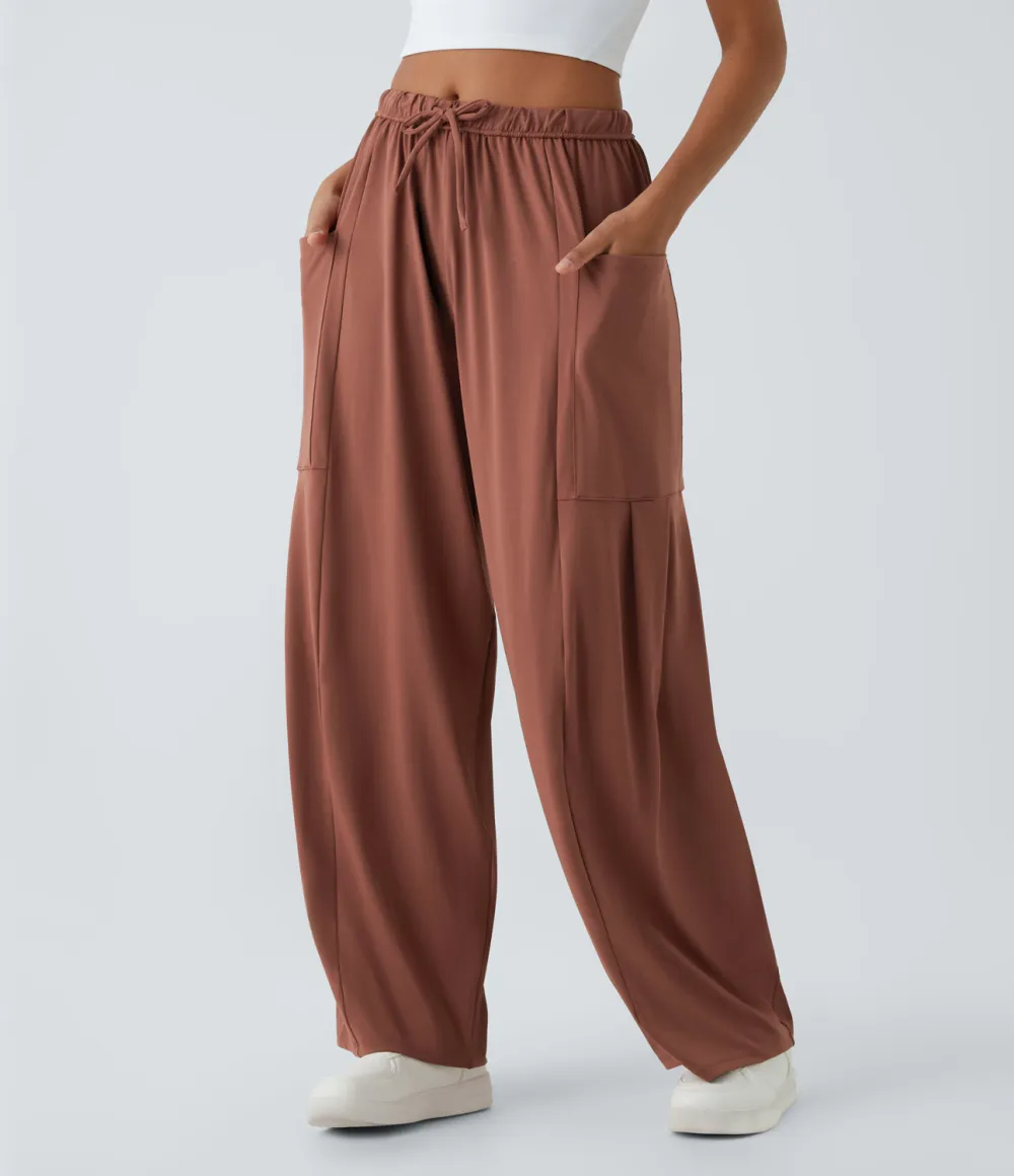 Mid Rise Elastic Waistband Drawstring Side Pocket Palazzo Flowy Wide Leg Casual Pants