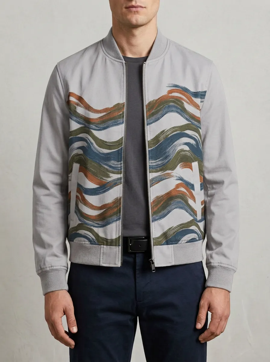 Men's Abstract Wave Pattern Printed Bomber Jacket