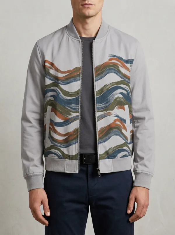 Men's Abstract Wave Pattern Printed Bomber Jacket