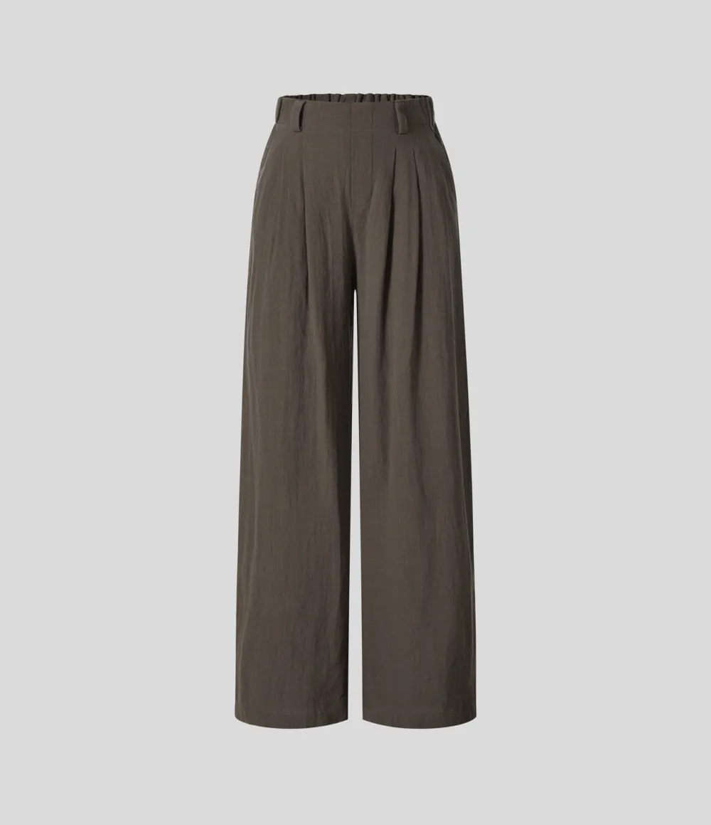 High Waisted Plicated Side Pocket Wide Leg Flowy Solid Palazzo Casual Linen-Feel Pants