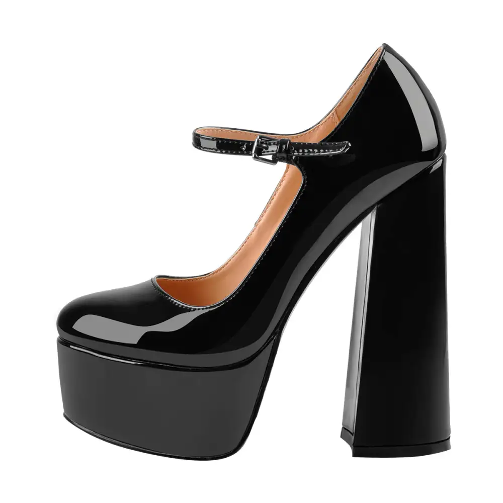 Sleek Patent Finish Round Toe Platform Chunky Heel Pumps