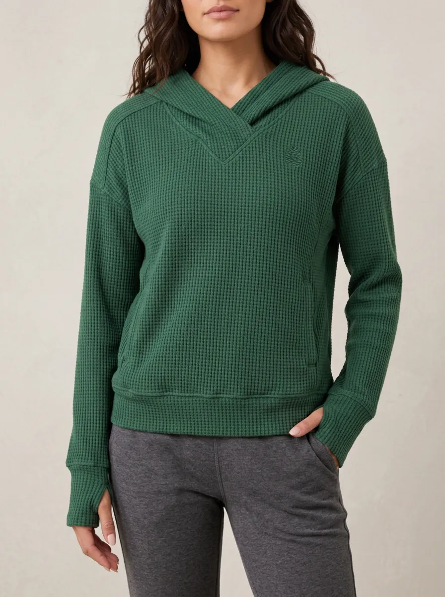 Clean Contemporary Waffle Knit Hooded Pullover Top