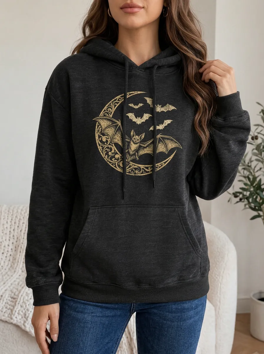 Women's Halloween Gothic Moon Bat Printed Hoodie