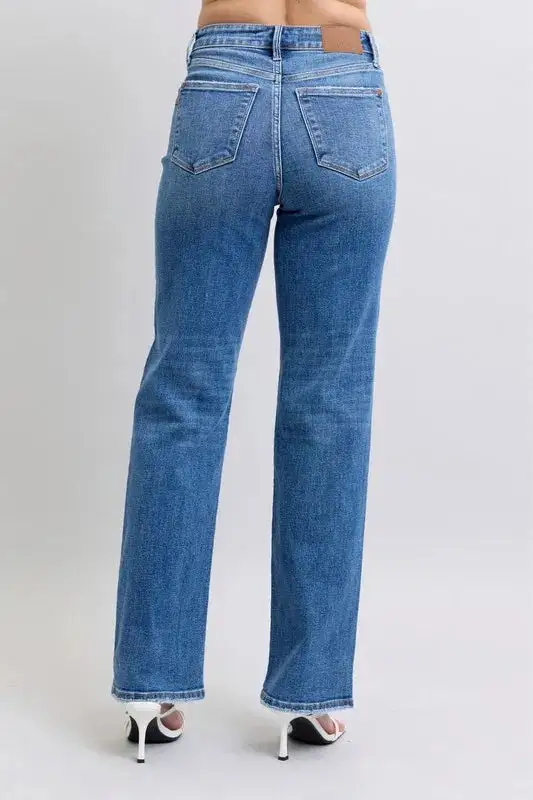 High-Waist Relaxed Vintage-Wash Pocketed Straight Leg Jeans