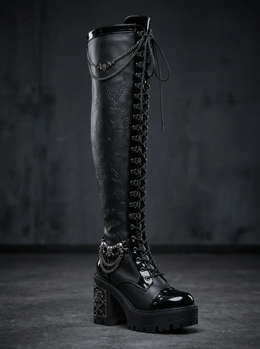 Classic Gothic Skull Bat Chain Alternative Look Women's Gothic Platform Boots