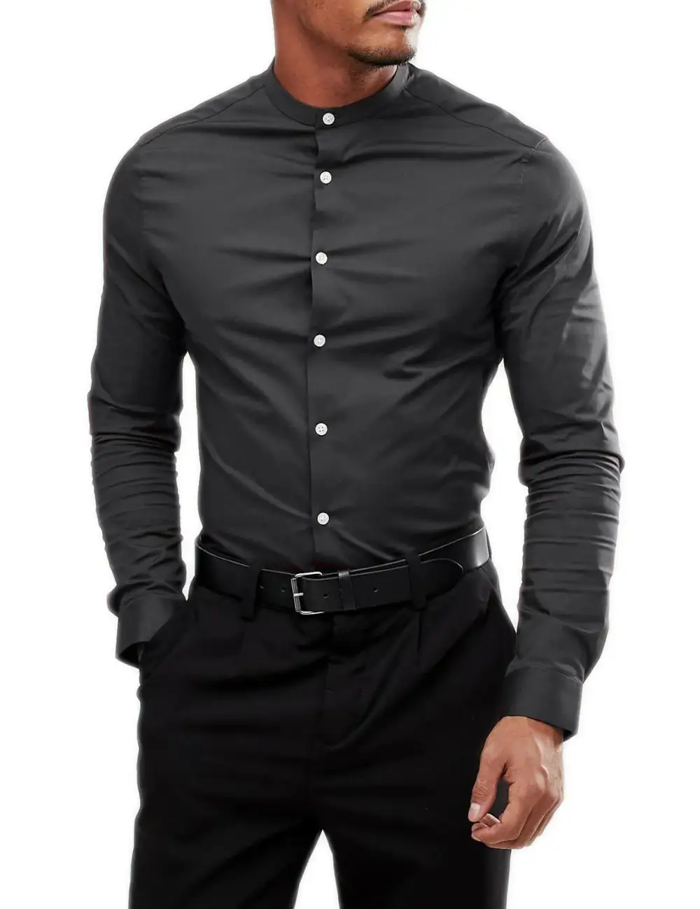 Refined Mandarin Collar Grandad Collar Long Sleeve Casual Shirt