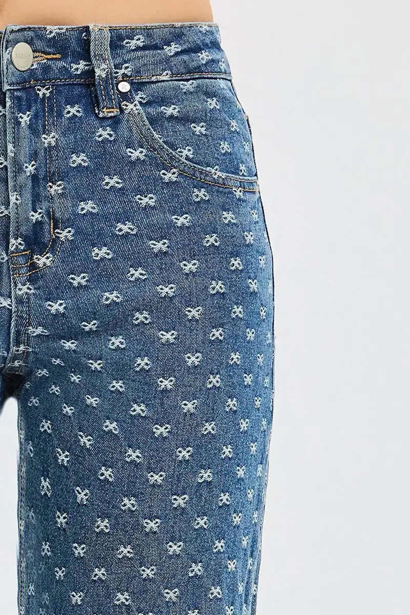 High Waist Wide Leg Embroidered Denim Jeans