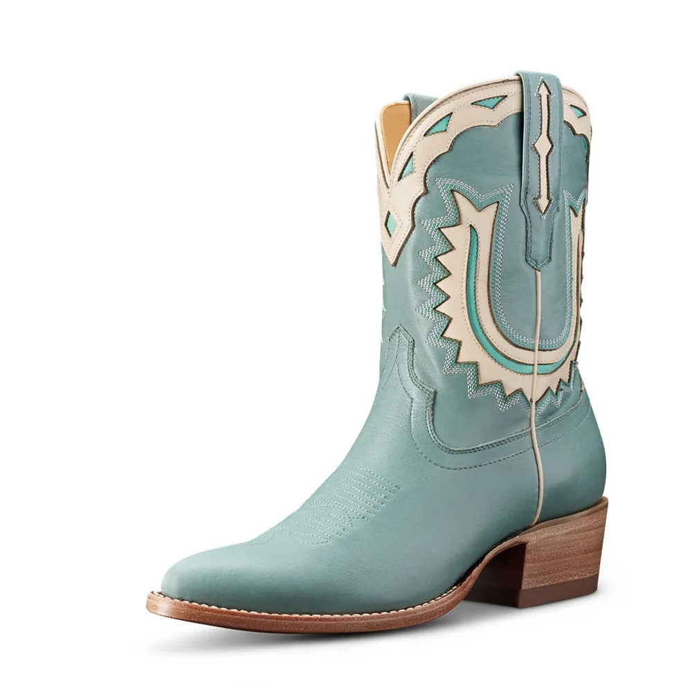 Faux-Leather Embroidered Patchwork Snip-Toe Western Boots