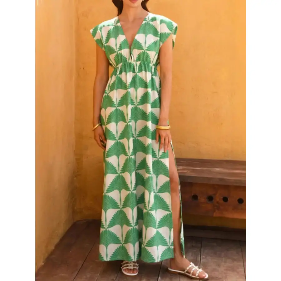 Slit Printed V Neck Cap Sleeve Maxi Dress