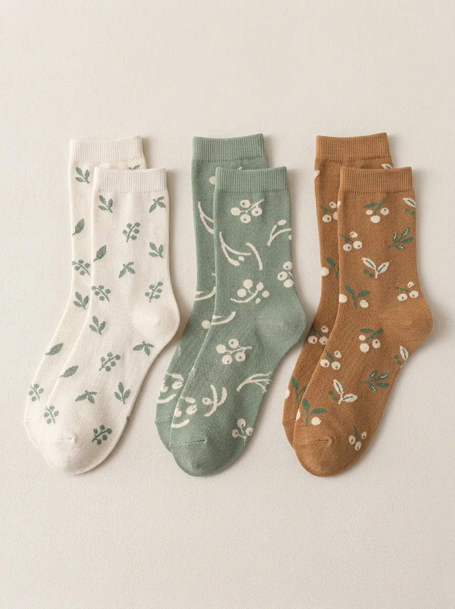 Women's Berry Leaf Botanical Crew Socks Three Pair Set