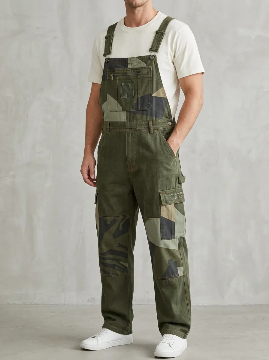 Camo Patchwork Cargo Zip Bib Overalls