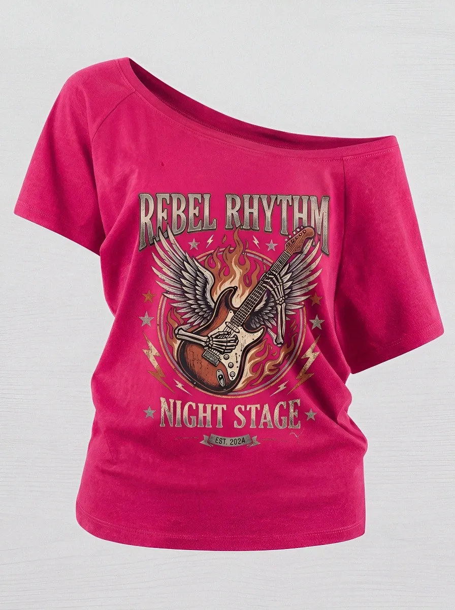 Women's Rock Music Skeleton Guitar Flame Printed Off-Shoulder Top