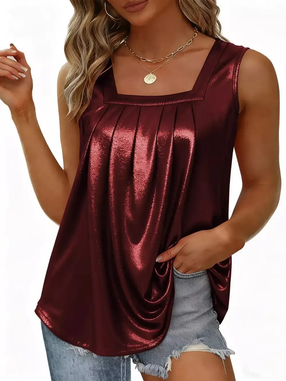 Square-Neck Ruched Pleated Tank Top