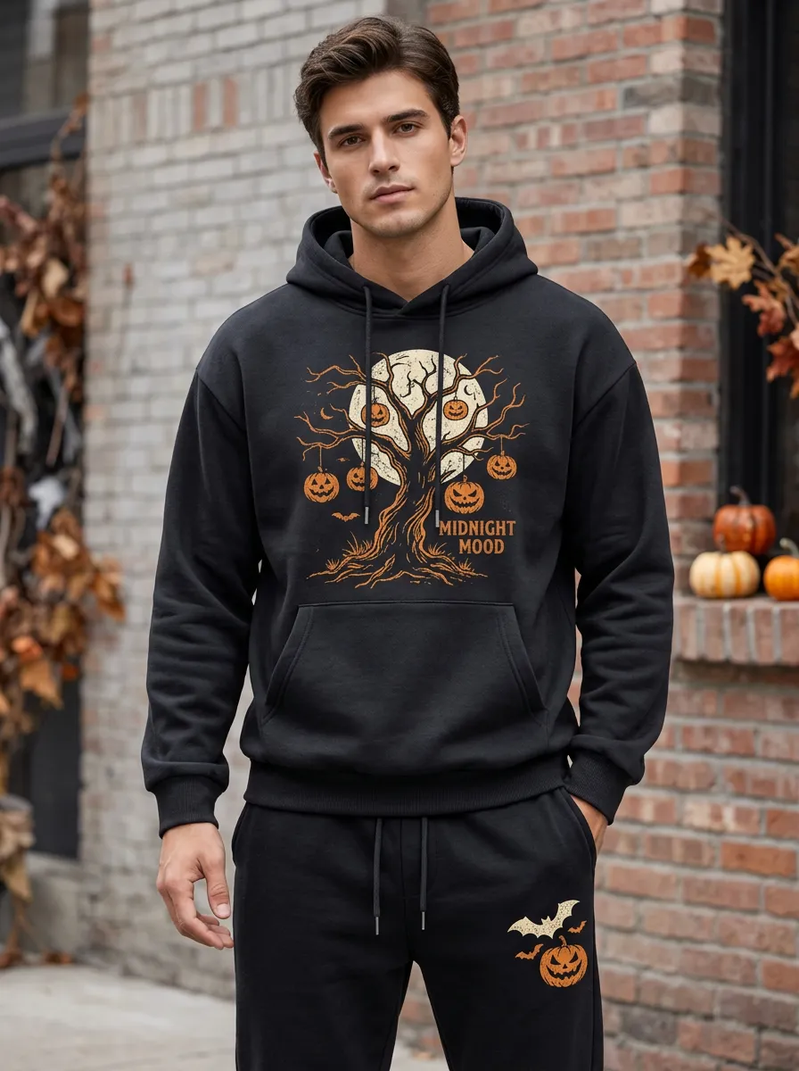 Men's Halloween Midnight Mood Pumpkin Tree Printed Tracksuit