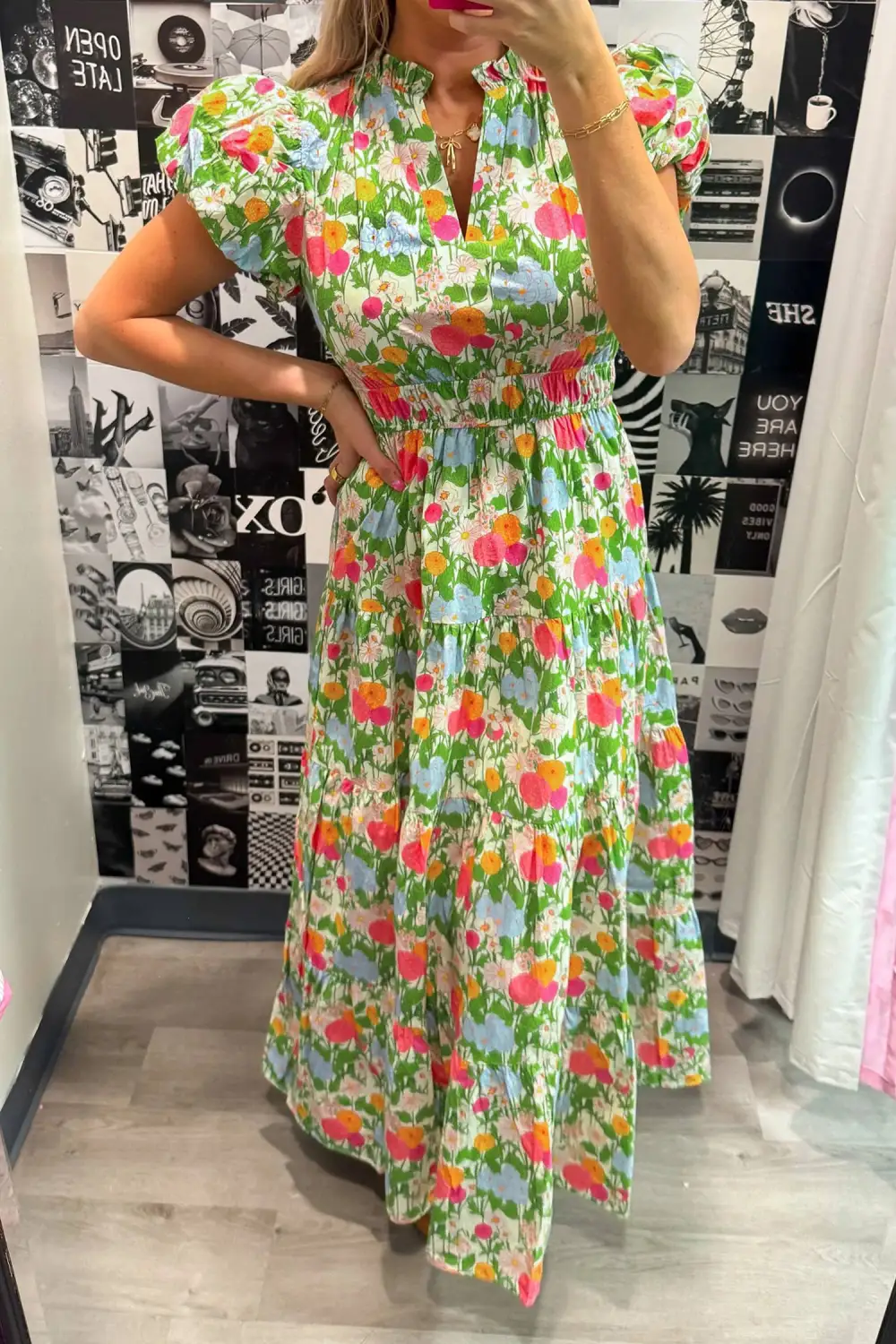 Floral Neck Puff Sleeve Maxi Dress
